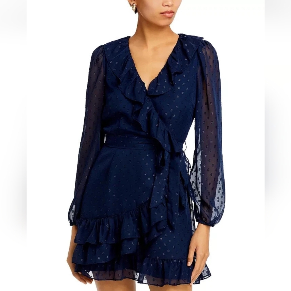 Aqua Navy Blue Dot Ruffle Chiffon Shift Wrap Dress Large L